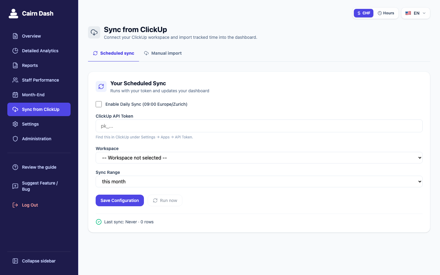 Cairn Dash ClickUp sync screen with scheduled and manual import tabs, daily sync toggle, masked token placeholder, workspace and date-range selectors, configuration button, and last-sync status.