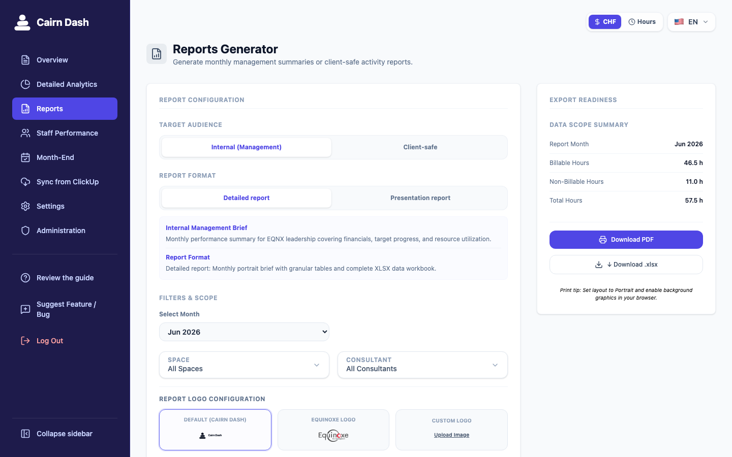 Cairn Dash reports generator with audience and format choices, June 2026 scope filters, logo options, export readiness totals, and PDF and XLSX buttons.
