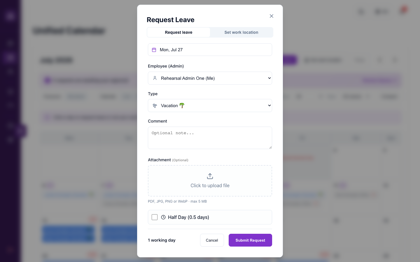 Request Leave dialog over the TeamSync calendar with a selected date, fictional employee selector, vacation type, comment field, optional attachment area, half-day checkbox, working-day total, and submit button.