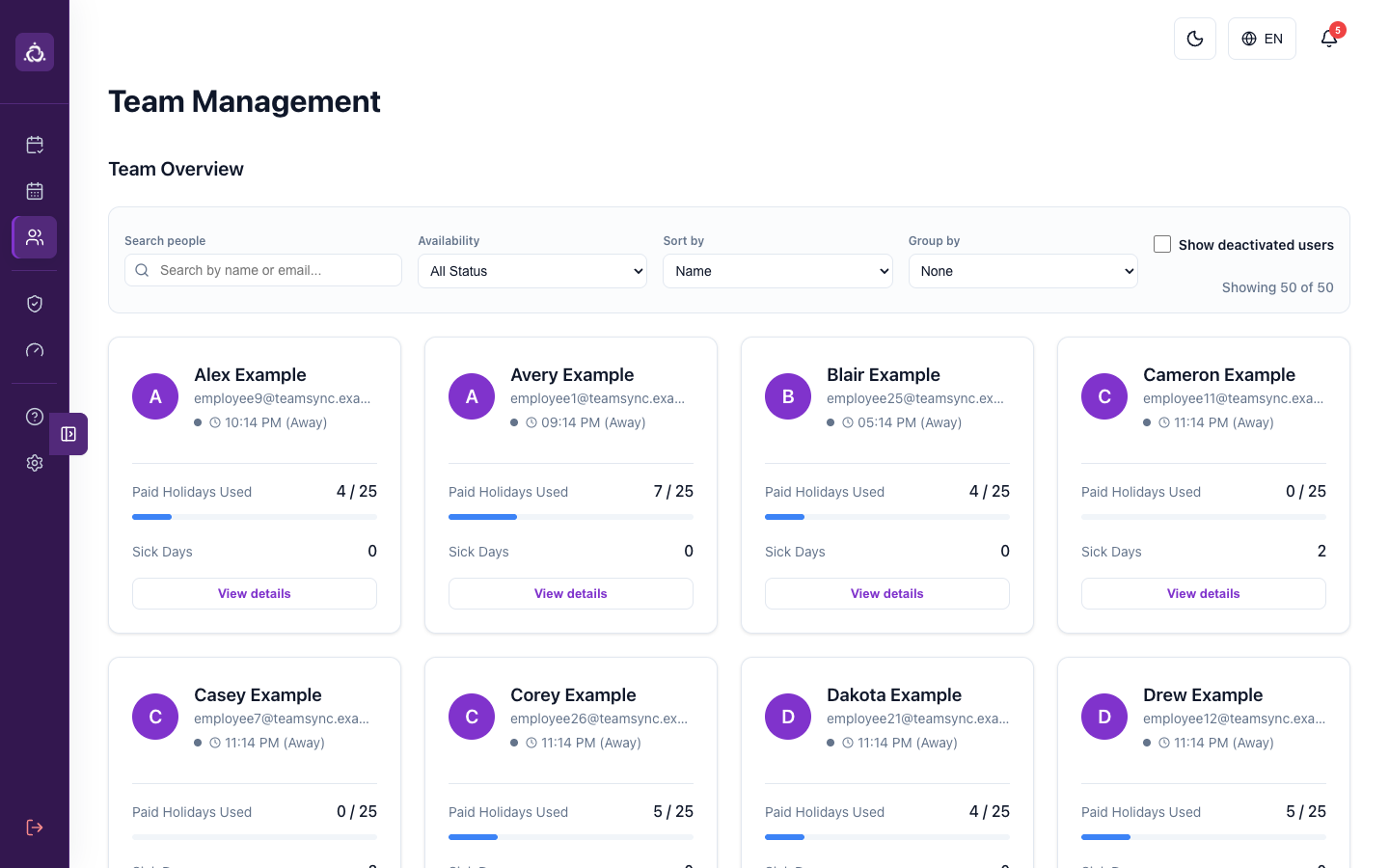 TeamSync Team Management screen with search, availability, sort and grouping controls above fictional employee cards showing availability, paid-holiday usage, sick days, and detail actions.